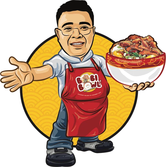 Chef Bobby, the Bobi Bowl mascot, holding a rice bowl